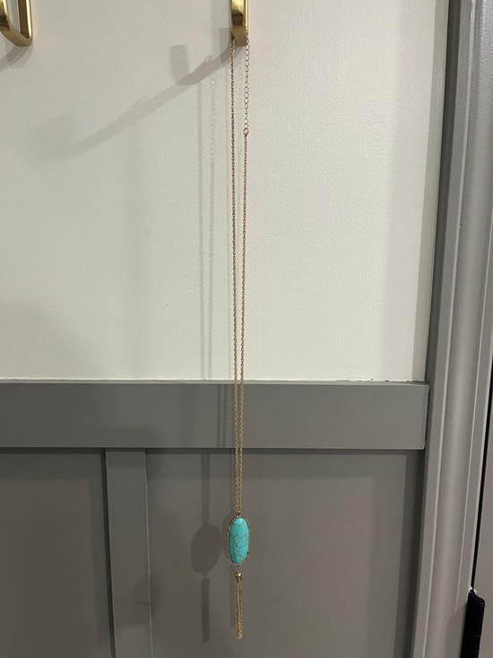 belk Jewelry - Gold Long Necklace with Turquoise Oval Pendant